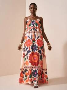 Zivah 2025年夏季新款音乐节、复活节、圣帕特里克节、西部、游牧风格连衣裙，适合生日派对、毕业典礼、学生装、日常休闲、度假、邮轮旅行、海滩、日光浴、流行网络博主风格、可调节肩带、宽松版型、热带花卉印花女装 - 彩色 - 查看 4