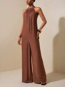 Zivah Beach New Spring And Summer Leisure Vacation Daily Commuting Halter Neck Round Neck Sleeveless Ultra-Loose Wide-Leg Plus Jumpsuit - Brown - View 7