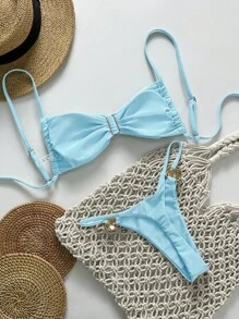 Swim Chiccia 2pcs/Set Women Beachwear Summer Outfits, Gold Circle Embellished Crop Top And Thong Spaghetti Strap Bikini Set For Beach Holiday - Baby Blue - View 2