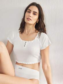 Ocili Áo ngủ nữ cổ chữ U đơn giản, mềm mại, thoải mái, chất liệu 100% cotton, viền bèo nhún, nút vỏ, đồ mặc ở nhà - trắng - Xem 4