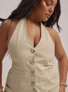 MUSERA 加大码露背深V领纽扣牛仔背心上衣（仅限上衣）毕业季性感可爱优雅假日 - 米色 - 查看 4