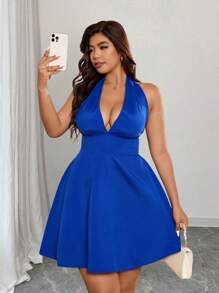 Elenzga Vestido azul elegante y sexy para mujer de talla grande, de estilo sencillo y fresco, con diseño de corbata en el cuello, adecuado para vacaciones y viajes - Azul - Ver 3