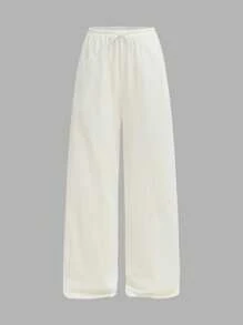 SHEIN Girlism Tween Girls Loose Casual Minimalist Comfortable Wide Leg White Woven Pants, Versatile