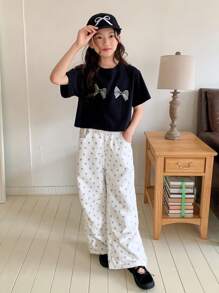 Dazy Kids Tween Girls Graphic Print Round Neck Knit Short Sleeve T-Shirt + Pants 2Pcs Set, Fall Outfit - Black - View 5