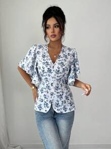 SHEIN Tall Women's Elegant Fitted Blouse With Deep V-Neck, Asymmetric Ruffle, Bell Sleeves And Blue Rose Floral Print On White Background, Suitable For Spring/Summer