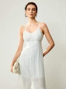 Uhlyne Casual Commute Vacation Textured Crinkle Fabric Ruched Bodice Split Midi Dress - White - View 4