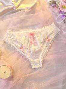白色网眼拼布荷叶边下摆多层蛋糕设计蝴蝶结撞色透明优雅精致可爱女士蕾丝内裤，性感内衣，轻薄内衣