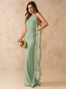 SHEIN BAE Spring & Summer Solid Color Asymmetric Ruched Backless Long Mesh Ruffled Hem Elegant Dress, Beach Vacation Dress,Valentine's Day,Valentine Outfits For Women - Mint Green - View 4