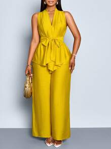 SOLERSUN 2 pièces Femmes grande taille Ensemble Top sans manches torsadé à la taille et pantalon évasé d'été unicolore