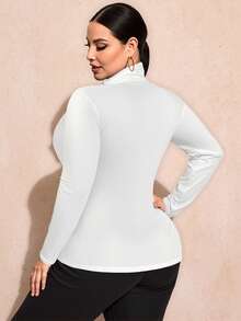 SHEIN SXY Plus Size Solid Color Slim Fit High-Necked Long Sleeve All-Match T-Shirtbasic Tees Plus Size White Tops Plus Size Turtleneck Tops Plus Size Ribbed Knit Top; Plus Size Long Sleeve Top; Plus Size Ribbed Top,Fall Clothes For Women - White - View 2