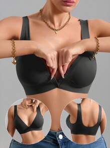 SHEIN 休闲舒适无缝纯色无衬里深 V 前扣带衬垫文胸，性感宽肩带，女士上托