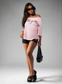Missguided x Playboy 露肩文字 T 恤宽松休闲居家上衣街头风格都市时尚基本款图案宣言 - 粉色 - 查看 3