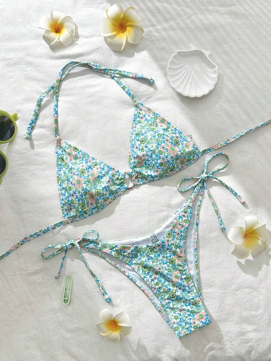 SHEIN Swim Set Bikini Motif Bunga Acak untuk Pantai & Liburan Musim Panas - MultiWarna - View 1
