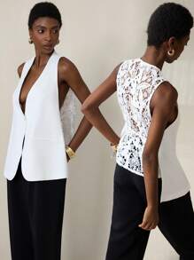 Aveloria Modichic Áo khoác blazer không tay đơn giản, thanh lịch, chất lượng cao dành cho nữ, thiết kế sang trọng, vải ren nhẹ, phù hợp khi đi làm - trắng - Xem 1