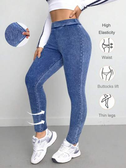 SHEIN Jeans azules de punto elástico para adolescentes, ropa de calle