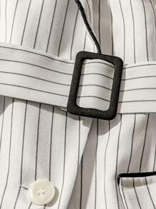 Franclia 女士休闲通勤百搭经典黑白条纹亚麻撞色黑色腰带白色无袖女士西装外套女士办公室服装商务休闲女装精美西装背心复古风格女士秋季女装秋季服装大学服装 - 黑與白 - 查看 4