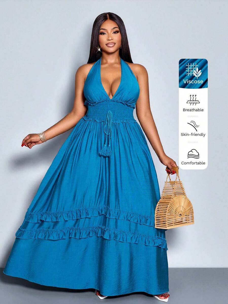 Maweii 大码女装春夏纯色宽松休闲深V蕾丝无袖长裙，海滩度假，沙滩度假，日常休闲长裙