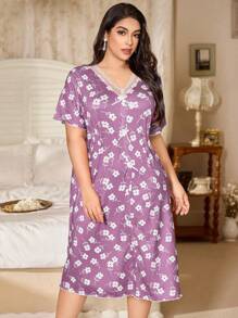 CottageSlumber Vestido de dormir de talla grande con estampado floral romántico, lazo y encaje, de seda de leche extra suave. Cómodo y relajado, vestido de dormir tipo "Moo Moo"