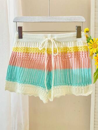 Skyraze Summer Casual Colorblock Striped Hollow-Out Knit Shorts