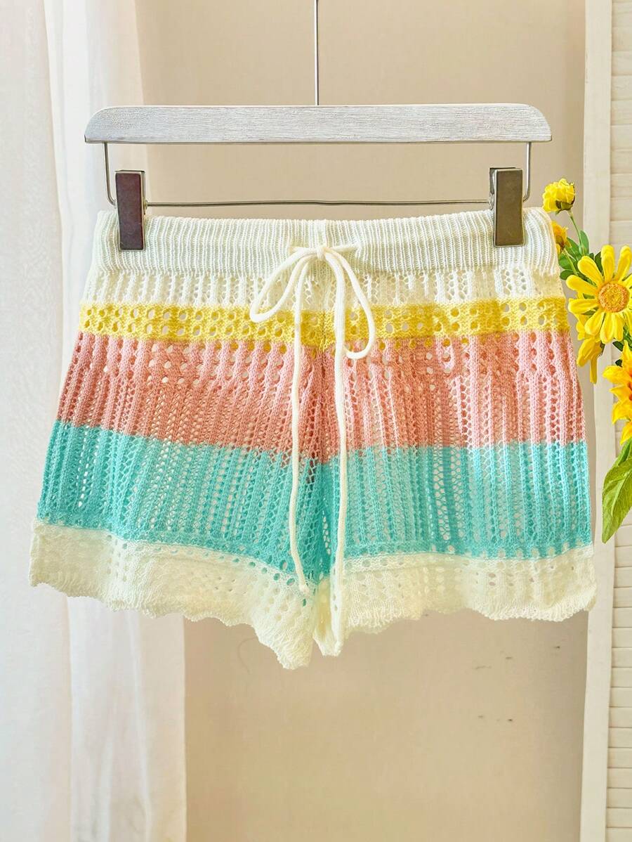 Skyraze Summer Casual Colorblock Striped Hollow-Out Knit Shorts - Multicolor - View 1