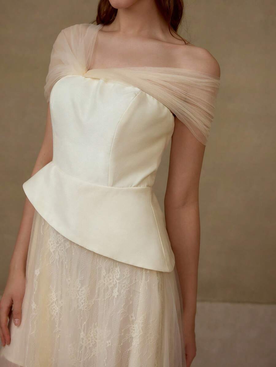 MOTF Soiréza Durchsichtiges Mesh-Asymmetrisches Schulter-Peplum Taille Spitze Glockenrock Cocktailkleid