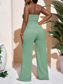 Slaydiva 新款春夏休闲度假性感优雅抹胸蝴蝶结直筒阔腿超长裤橙色针织女式连体裤 - 薄荷綠 - 查看 2