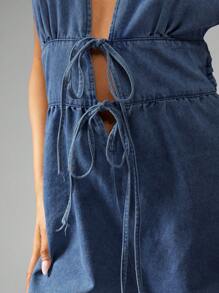 MISSGUIDED Denim Halter Neck Playsuit Summer Festival Backless Romper Double Tie Front Stylish Occasion Beach Resort Wear - Blue - View 4