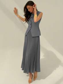 Aloruh Women's Solid Color Single-Breasted Sleeveless Jacket And Pleated Elegant Suit Set In Fall/Winter - Dark Grey - View 7