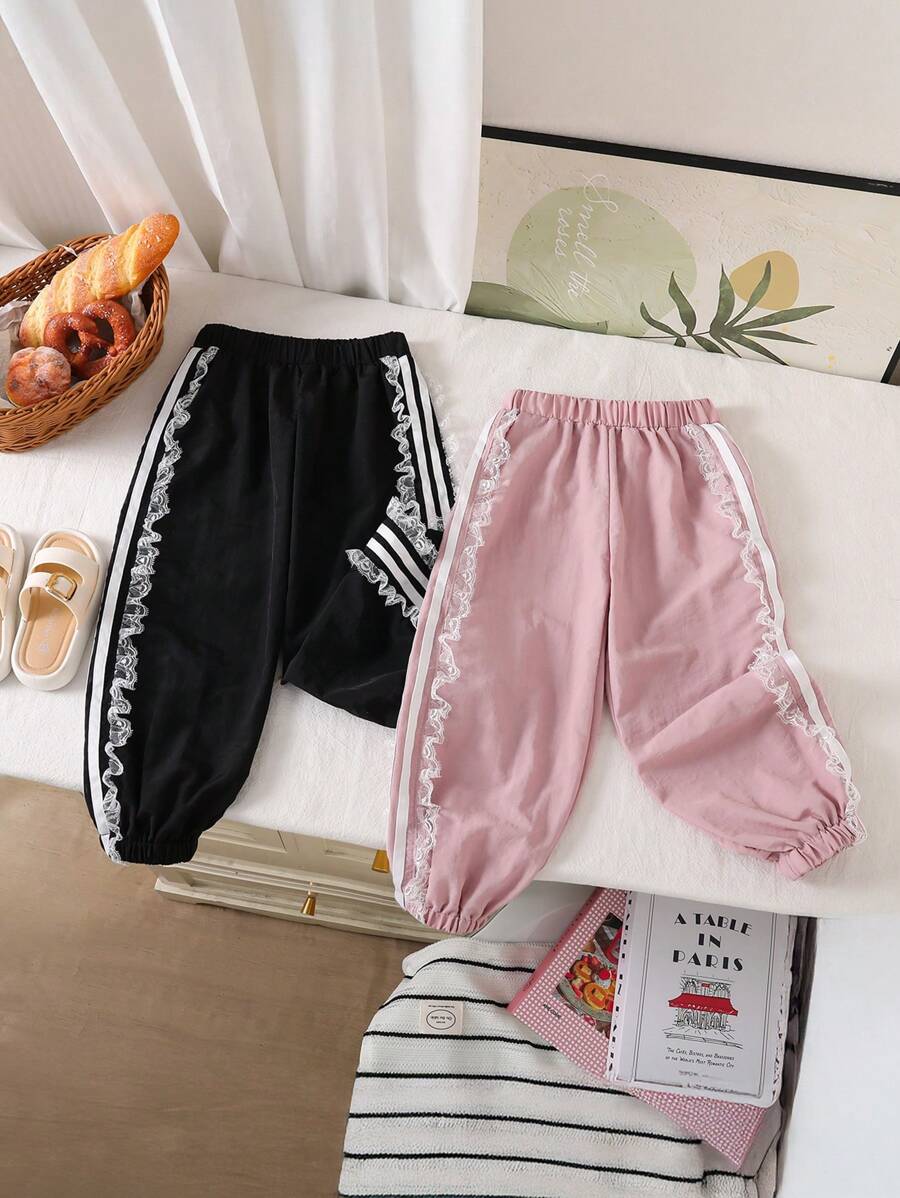 2pcs/Set Young Girl Fashionable Striped Ruffle Hem Casual Long Pants - Multicolor - View 1