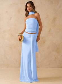 SHEIN BAE Bộ 2 món áo bandeau nhún bèo màu hồng trơn và chân váy xòe nhún cạp thấp lưới lưới, trang phục đi nghỉ, váy hở lưng phong cách Bohemian đi biển mùa hè, trang phục đi tiệc cho nữ, bộ 2 món phù dâu dự tiệc cưới - Màu xanh nhạt - Xem 4