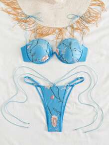 Swim SXY Women's Summer Blue Base Embroidery Wire Frame Sexy Swimsuit