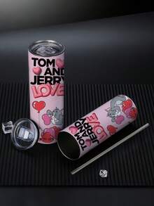 TOM & JERRY X SHEIN Taza divertida y linda con patrón de letras y dibujos animados, tapa de apertura a presión, capacidad grande de 20 onzas, ligera y portátil