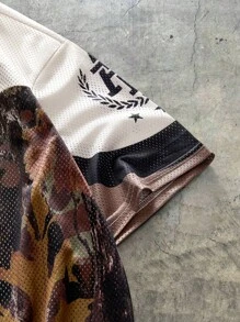 EASEVO Plus Size Men Summer Casual Numeric & Letter Printed Crew Neck Patchwork Short Sleeve T-Shirt, Grunge Style