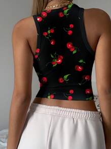 SHEIN EZwear Cherry Print Casual Minimalist Round Neck Slim Fit Women Tank Top Suitable For Summer Chic - Multicolor - View 2