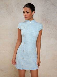 COSMINA Women Summer Elegant Tweed Mini Dress - Blue and White - View 5