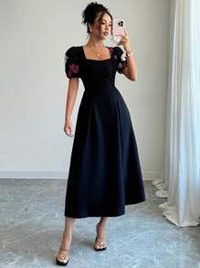 Elenzga V-Neck Puff Sleeve Embroidered Cinched Waist Pleated Women Dress - Black - View 3