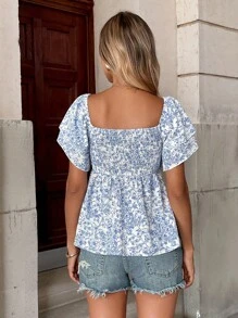 Pariaura Women's Floral Print Ruffle Hem Short Sleeve Vacation Fashion Blouse