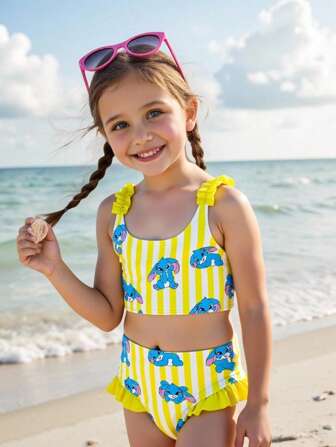 SHEIN Set costume da bagno per ragazze con stampa a strisce e motivi cartoni animati, adatto per la spiaggia e il nuoto