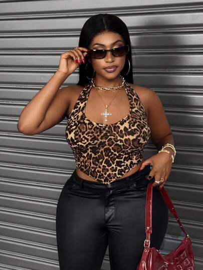 Maweii Plus Size Women's Sexy Leopard Print Mesh Elastic Top With Halter Tie Neck, Suitable For Parties