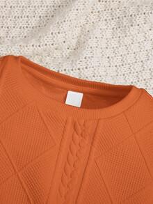 SHEIN 男童纹理布贴圆领卫衣，适合秋冬季女孩穿着的休闲服装 - 橘色 - 查看 3