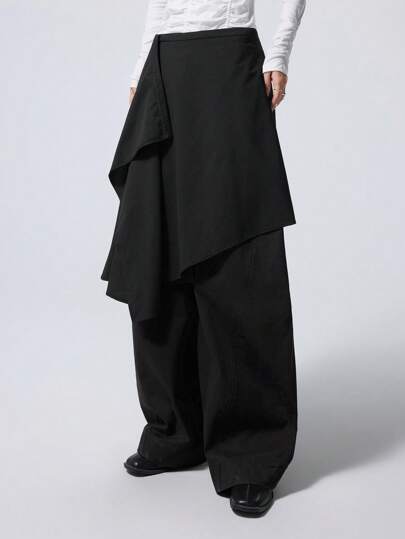 SHEIN EZwear 大码女式休闲时尚街头时尚简约纯色不对称下摆半身裙，可分层穿着