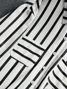 INAWLY 女士春秋宽松条纹长袖口袋休闲衬衫女衬衫 - 黑與白 - 查看 4