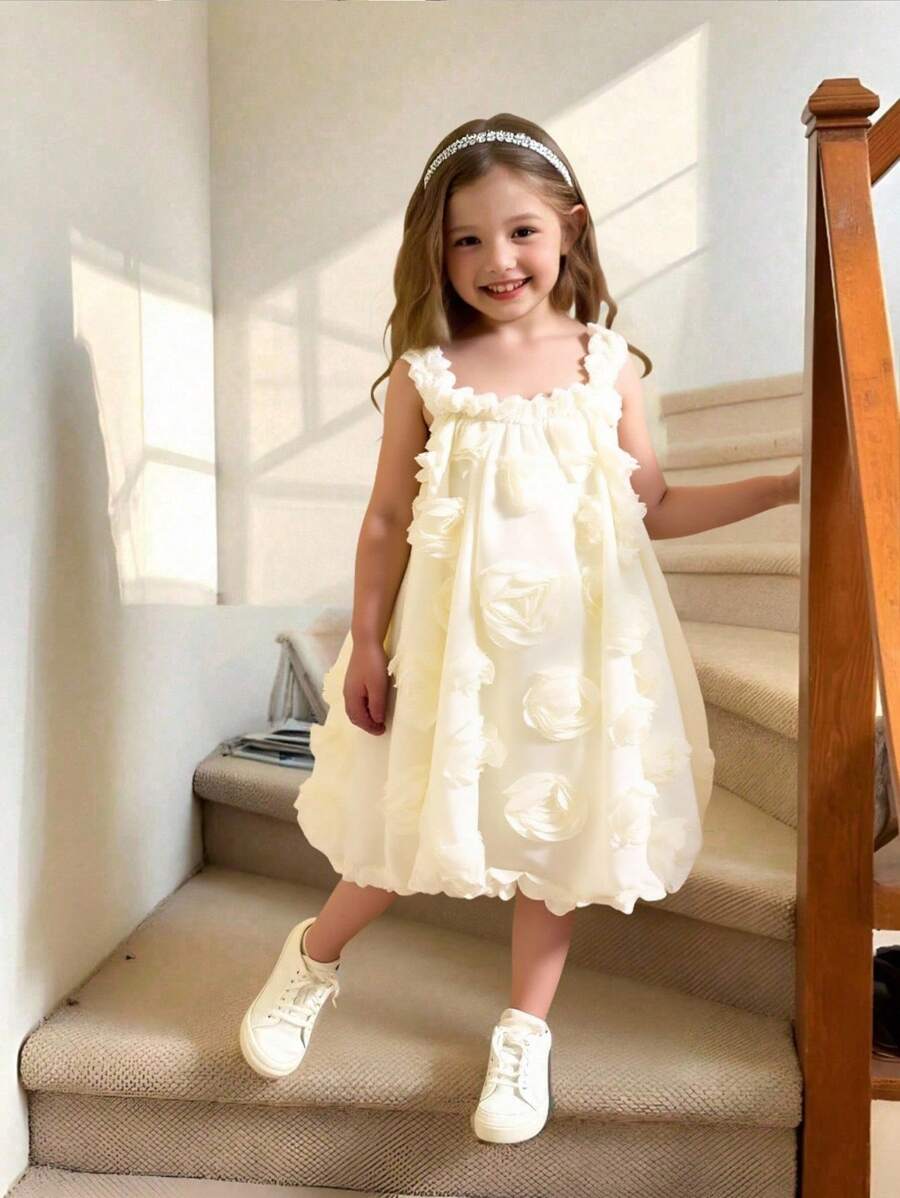 Young Girls Lovely Floral 3D Strap Dresses Ivory Young Girls Cream Ruffle Dress, Cute And Elegant Fairy White Summer Outfit For 7th Birthday - Multicolor - View 1