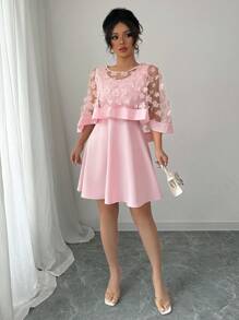 Elenzga 大码女式樱花网状披肩圆领纯色优雅连衣裙