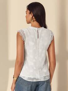 Almamuse Blusa elegante de cuello redondo con mangas cortas de encaje y textura jacquard para mujer - Blanco - Ver 2