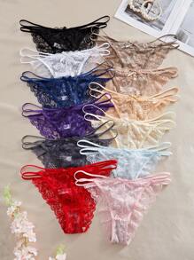SHEIN 12pcs/Set Lace Sexy Women's Bikini Panties, Simple & Comfortable Romantic Underwear - Multicolor - View 3