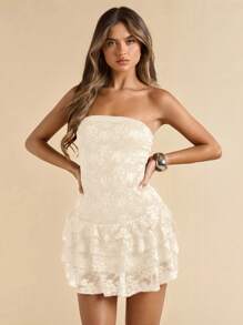 SHEIN BAE Váy ngắn tay dài ren hoa thanh lịch màu đỏ tía mùa hè cho nữ với viền xếp nếp nhiều lớp, thích hợp cho buổi tối hẹn hò, hộp đêm, tiệc sinh nhật, ngày lễ tình nhân - Màu be - Xem 7