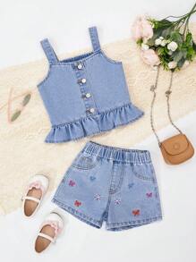 Conjunto de 2 piezas de niña joven de mezclilla: top sencillo + pantalones cortos vaqueros. Conjunto de 2 piezas de niña joven elegante y lindo: blusa de tirantes y pantalones cortos vaqueros bordados - Azul lavado medio - Ver 2