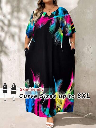 SHEIN CURVE+ Plus Size Summer Fashion Plant Print Batwing Sleeve Dress,Summer Dresses For Women,Maxi Dress