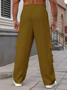 Manfinity Homme Plus Size Men's Drawstring Waist Cargo Pockets Loose Casual Pants - Brown - View 2